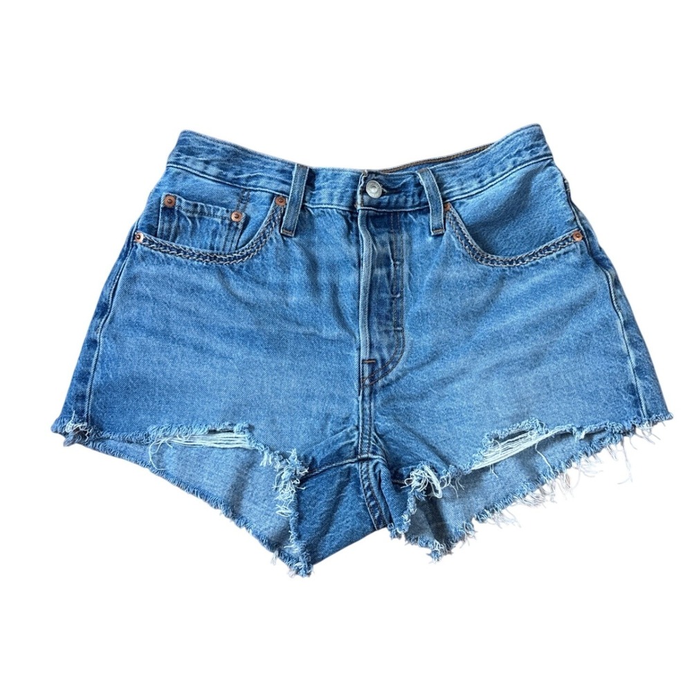 Levi's 501 Button Fly Shorts Women Blue High Rise Cut Off Denim SIZE 28